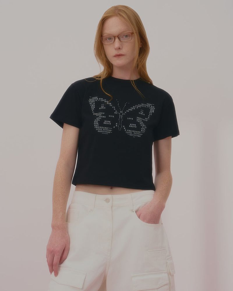 TEXT BUTTERFLY CROP TSHIRT-BLACK