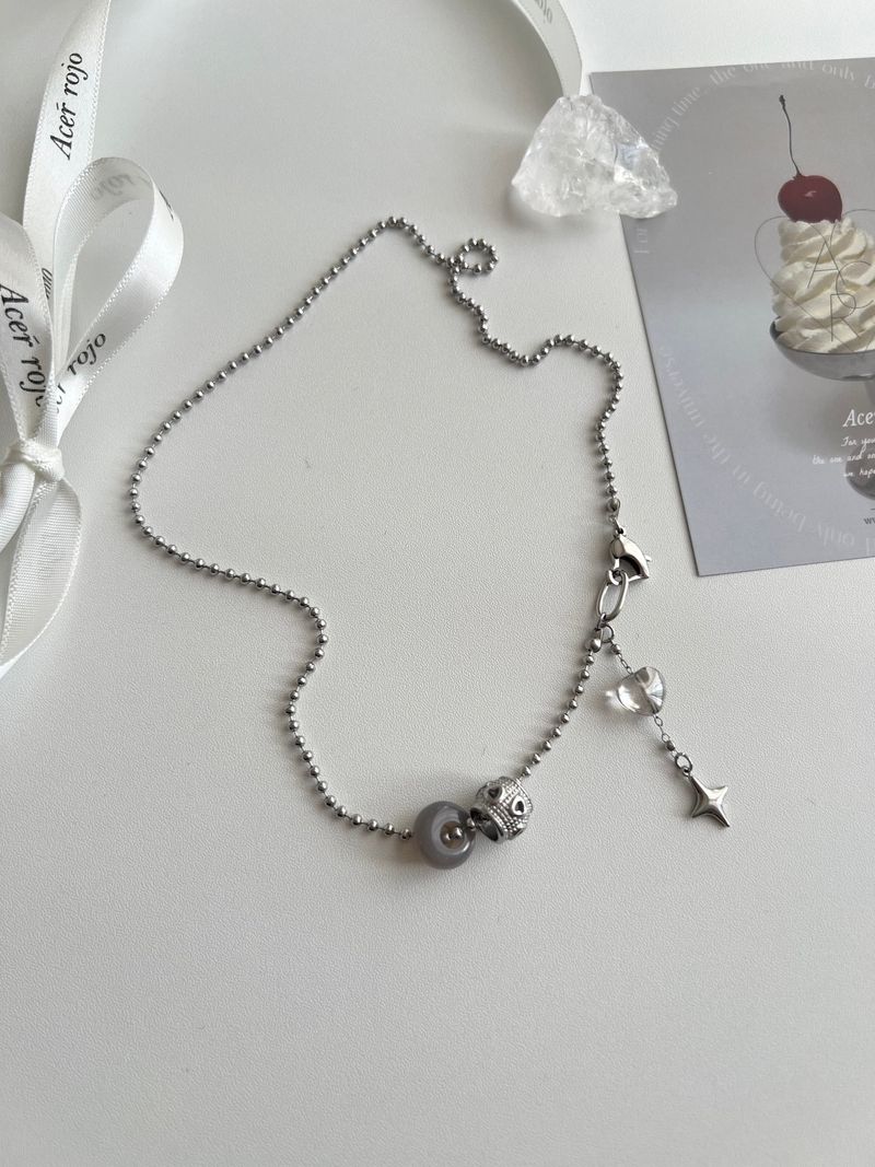 yio Gray gemstone heart Rondell star Surgical two way y Beads Bold Choker Short Layered Necklace
