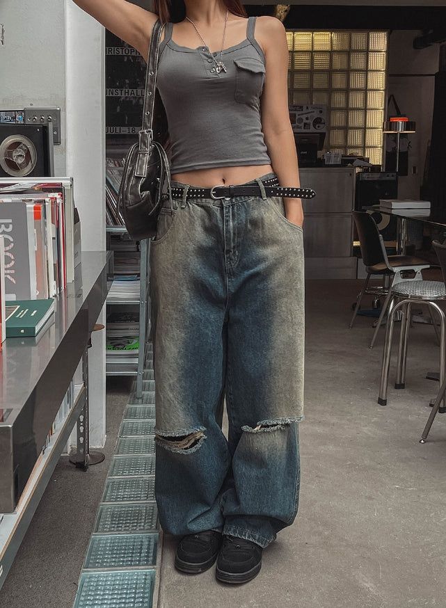 cross damage banding denim pants
