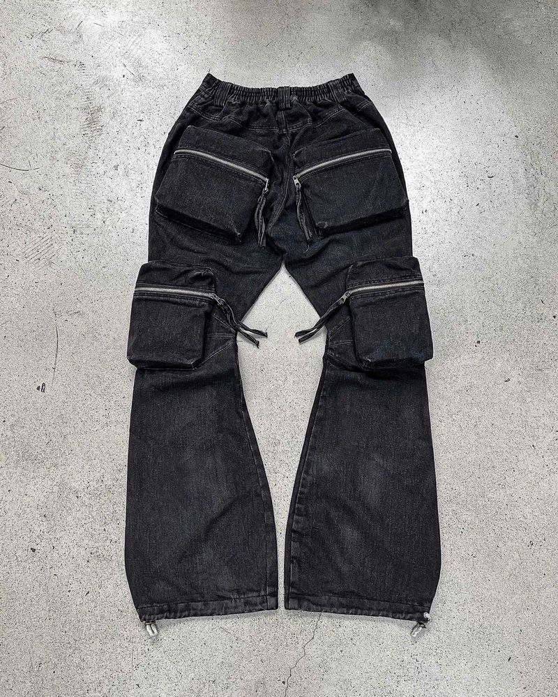 BLACK-WASH DENIM CARGO FLARE PANTS