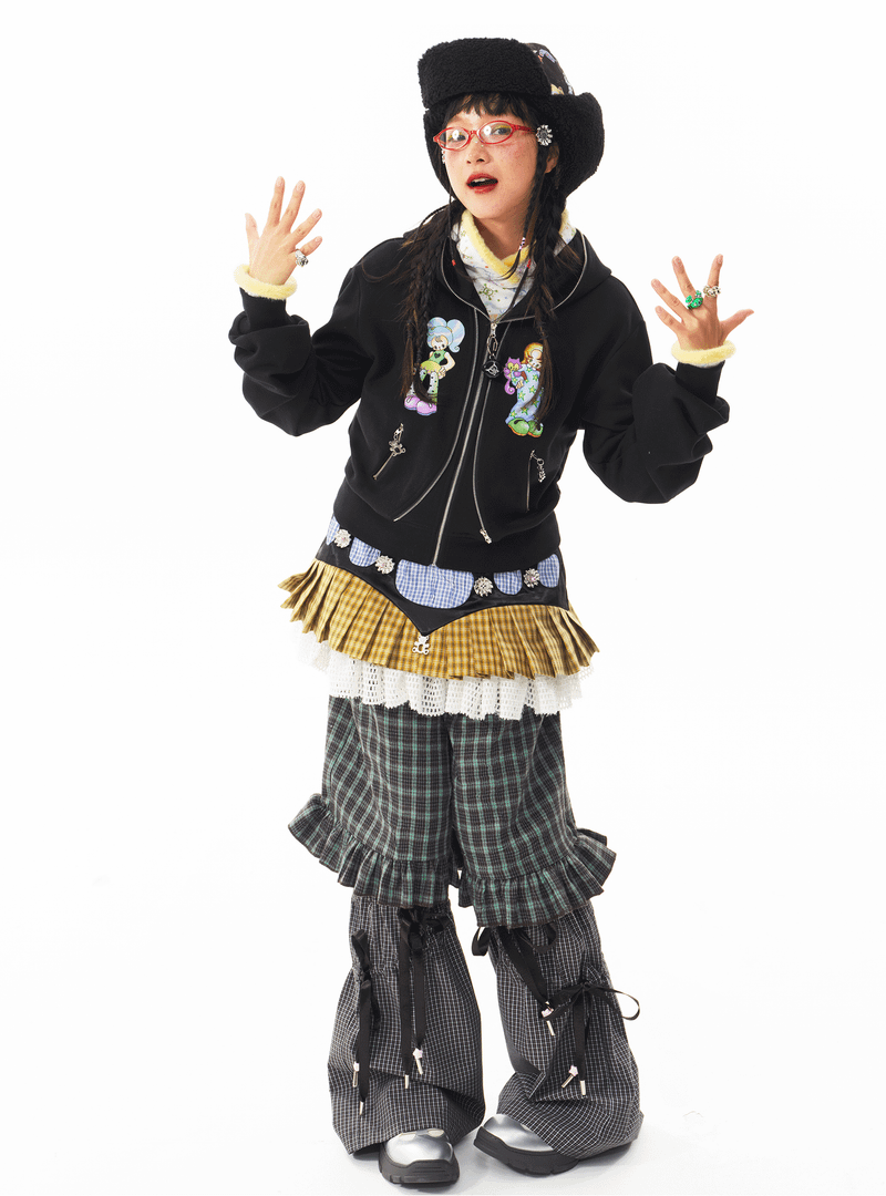 sillysis 黒のかわいい女の子イラスト、両頭金属ジッパー構造感スウェットパーカー