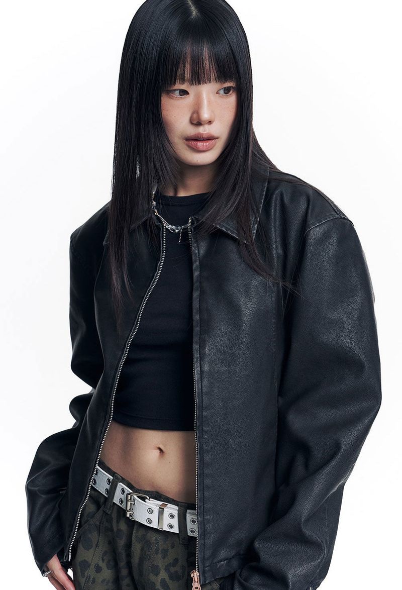 Washed Leather Crop Jacket - Black