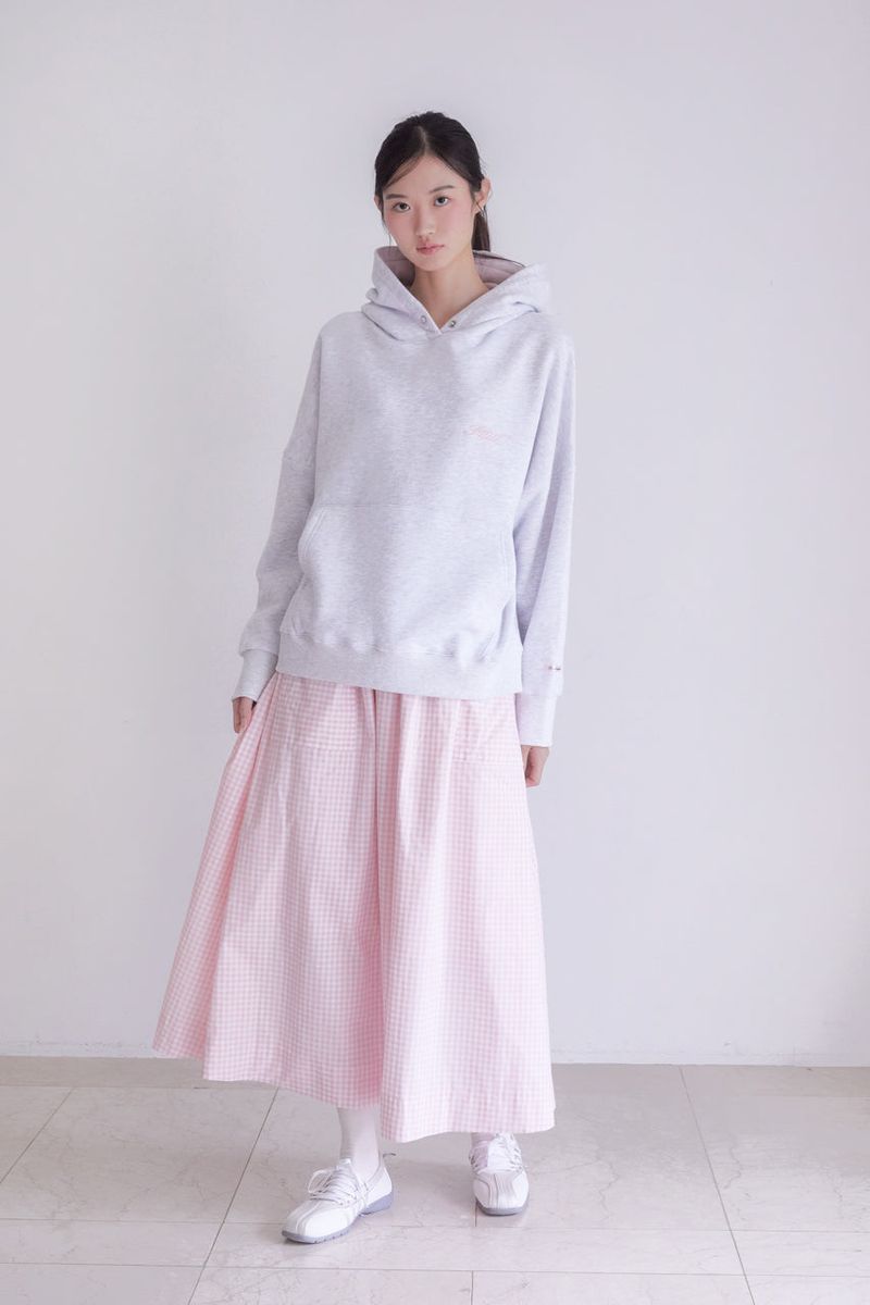 Gingham check pocket shirring Long skirt (PINK)