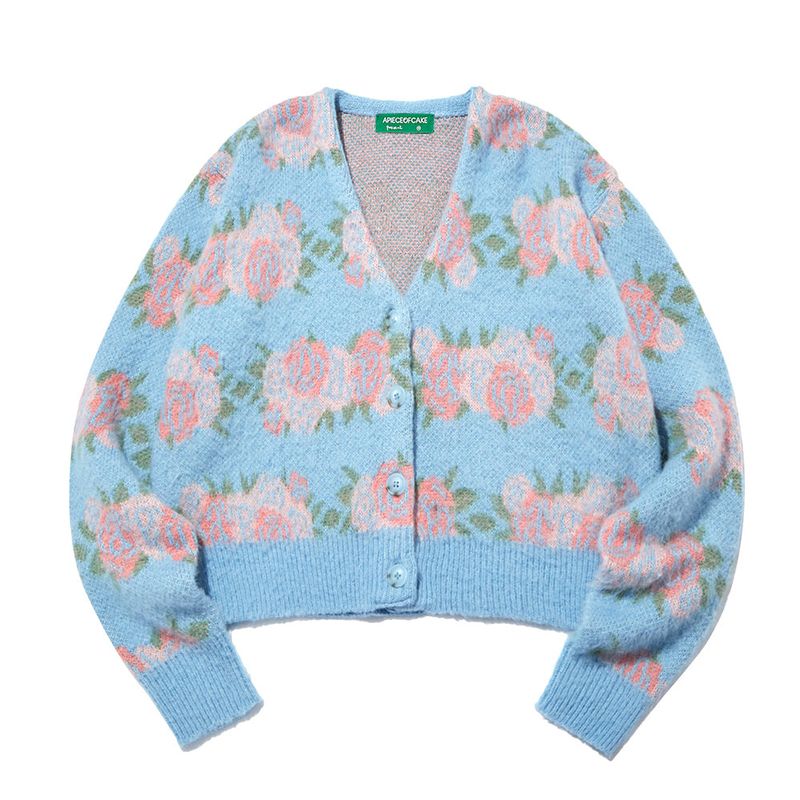 Flower Pattern Crop Cardigan_Ash Blue