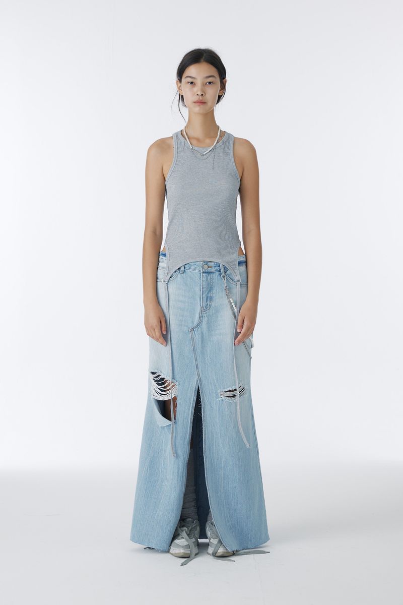 DAMAGED LONG DENIM SKIRT (BLUE)