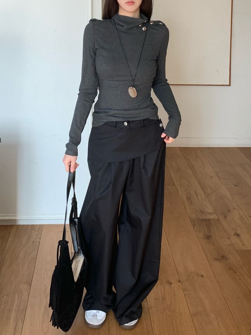 Close Pintuck Wrap Two Button High Waist Long Wide Pants