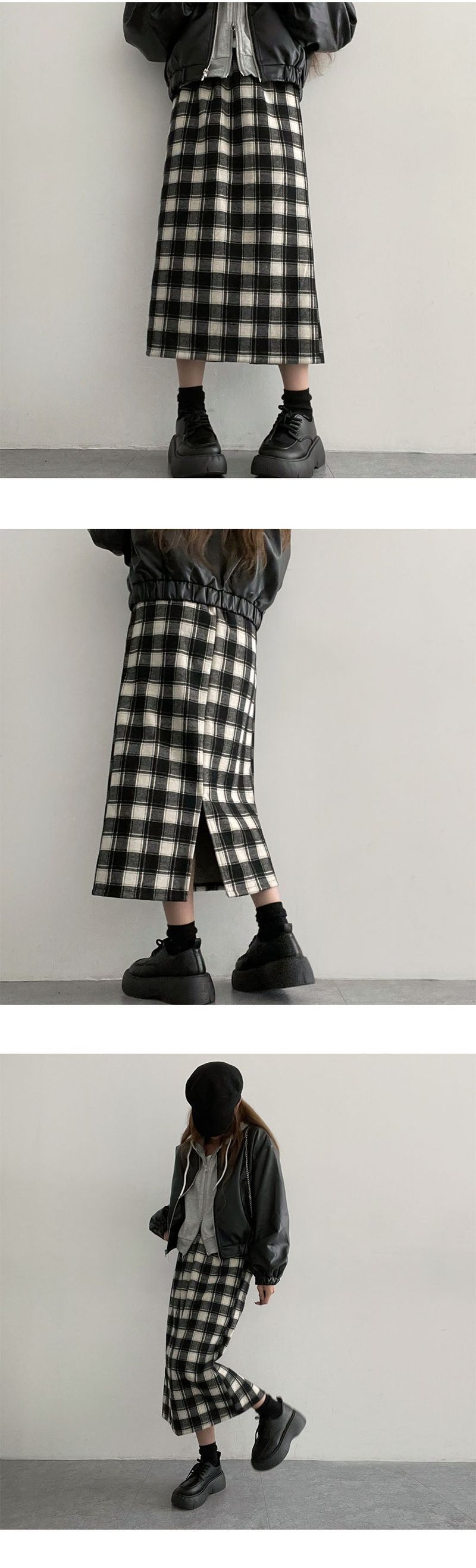 Carball Back Slit Checkered Banding Long Skirt