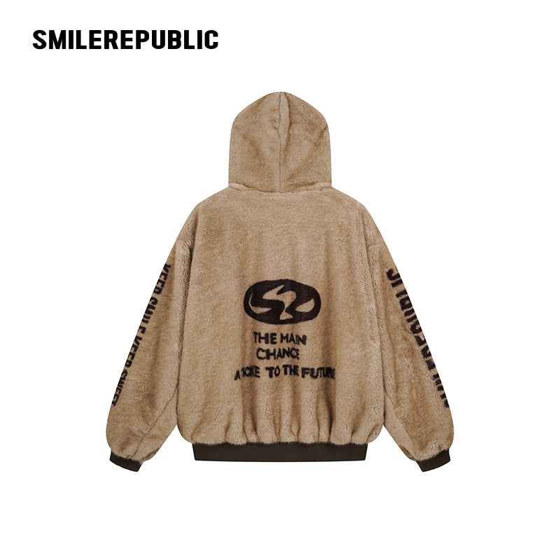 Khaki Polyester Faux Fur Hooded Full Zip Jacket with Graphic Lettering and PU Coated Trim