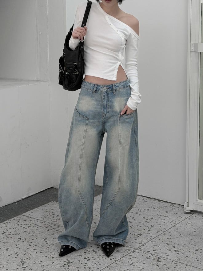 mnem（ムネム）の「Nant Curved Cut Washed Denim（Pants）」