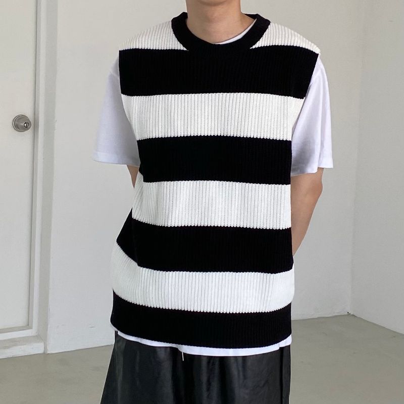 Stripe round neck knit vest 2C