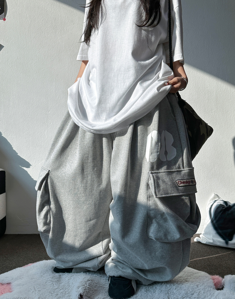 NUMBERING PATCH SWEAT BALLOON LOOSE WIDE CARGO PANTS 🩵🩶🖤 - 3 COLORS