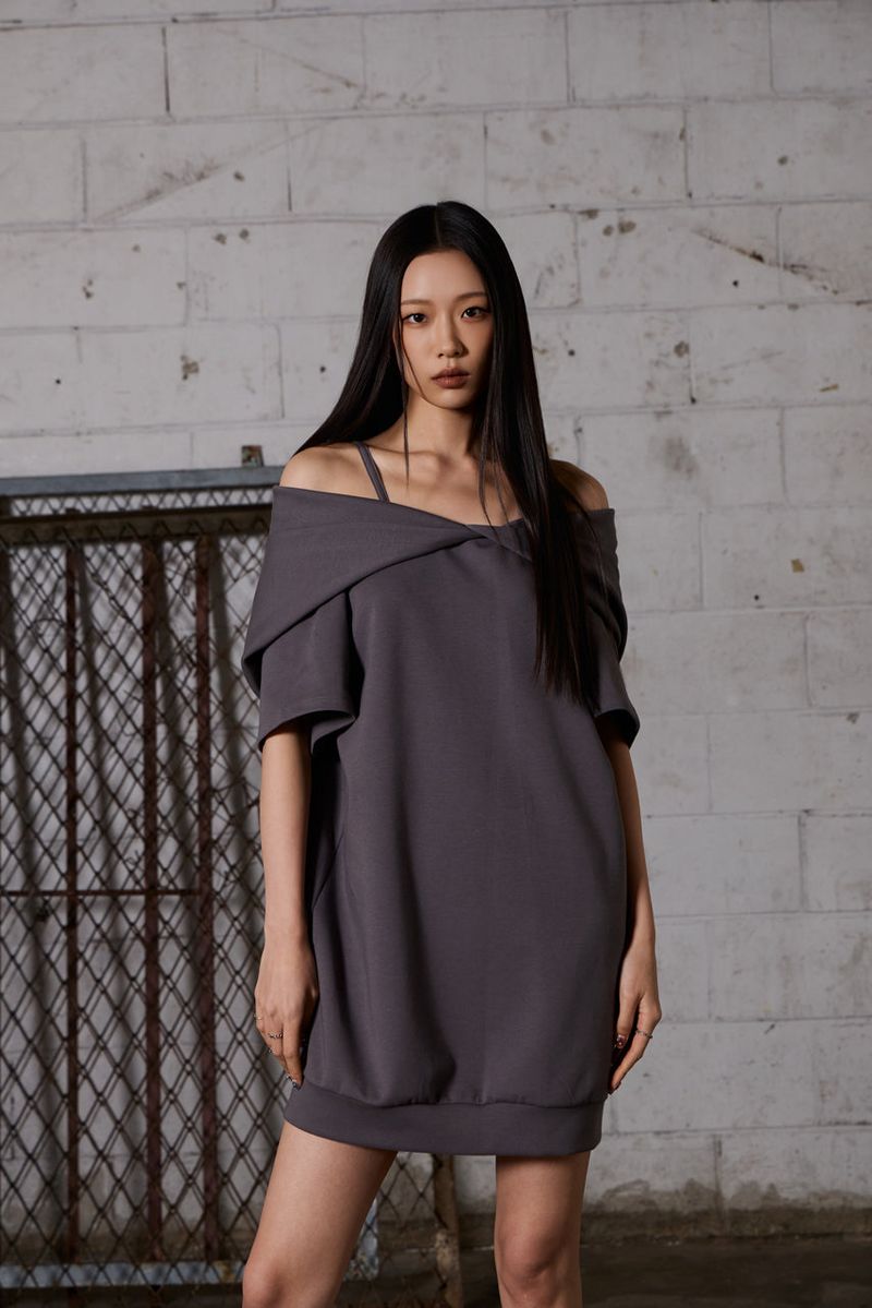2Way Big Hood Off-Shoulder Mini Dress - Charcoal