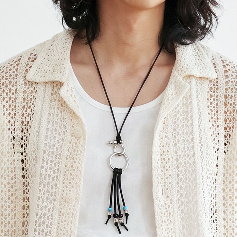 turquoise & leather cord beads necklace black