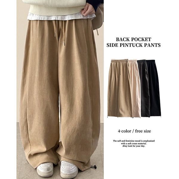Romy back pocket side pin tuck hem string cotton wide pants