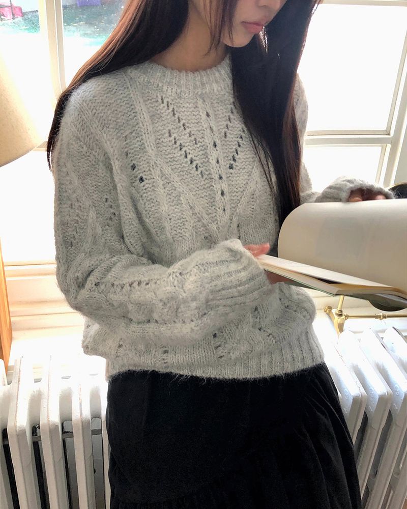 Neha Loose Wool Cable-knit Round-neck Sweater