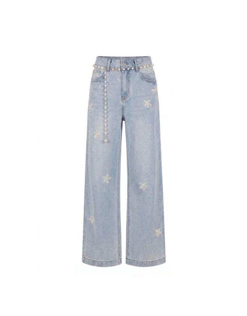 Uline Flower Wide Denim Pants Light Blue