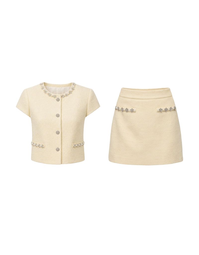 Aria Flower Beaded Tweed Short Sleeve Jacket Butter