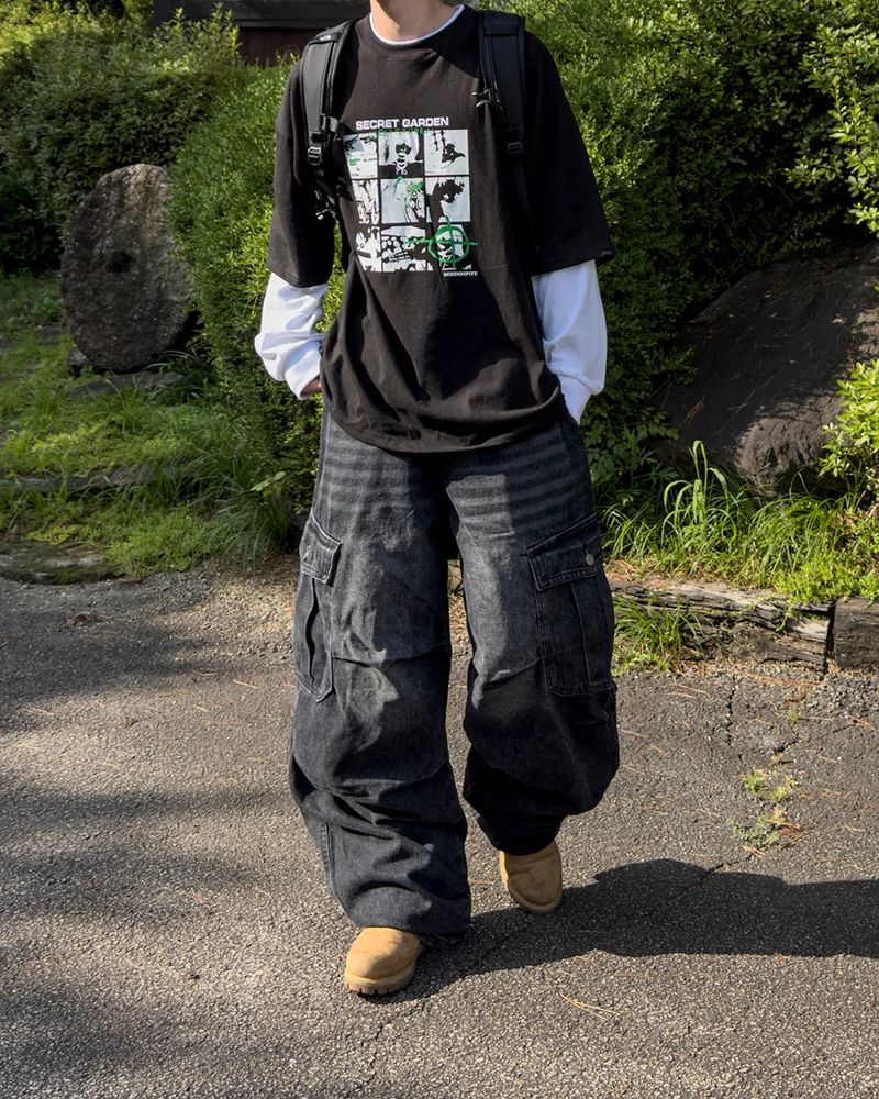 Bern diagonal cargo wide denim pants