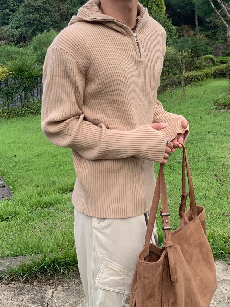 Rib Hood Half Zip-Up Knit