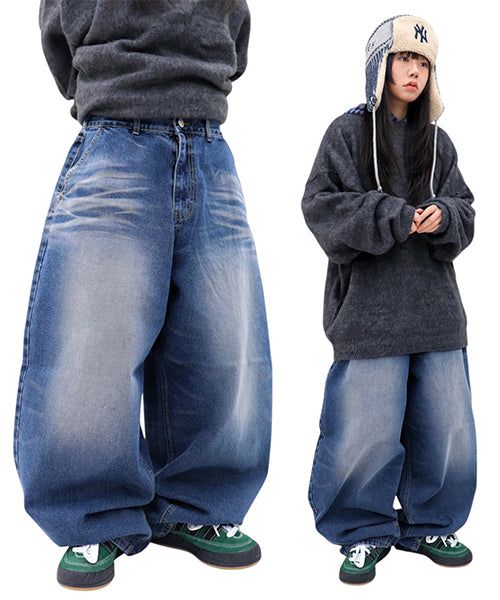 Wide Vintage-Washed Denim Balloon Pants