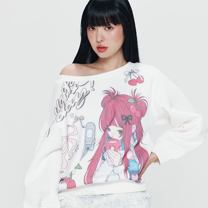 KIRSH（キルシー）の「KIRSH X PYITU グラフィックオフショルダークロップスウェット【ホワイト】（トップス）」