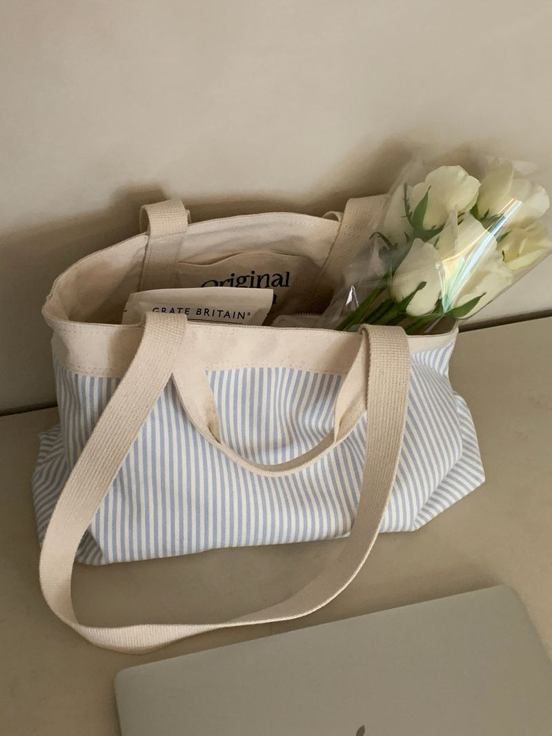 stripe reversible bag - picnic blue