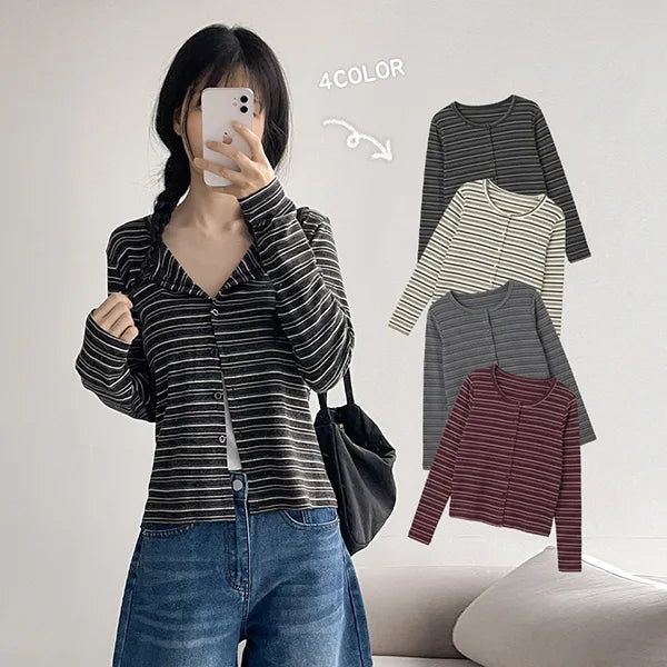 hijjoo（ハイチュー）の「ライネットストライプボタンカーディガン (4 colors)（トップス）」