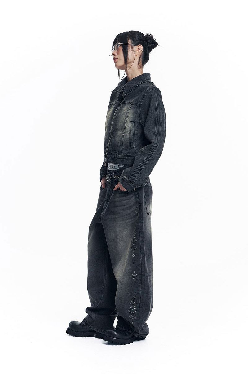 Curved Western Stud Denim Pants - Black