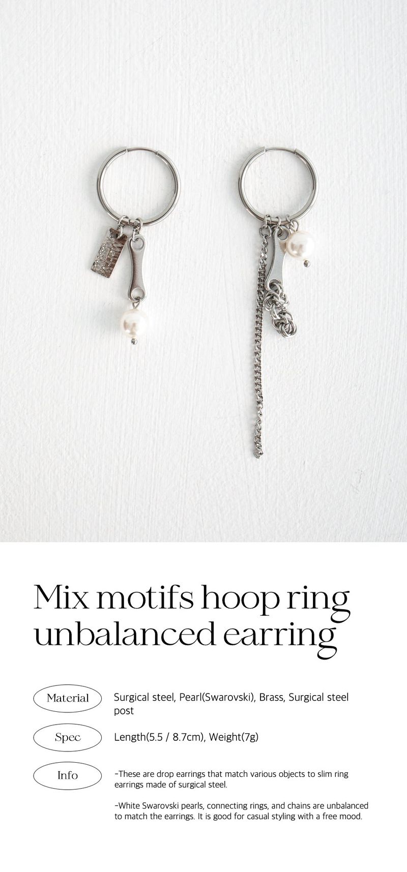 Mix motifs hoop ring unbalanced earring