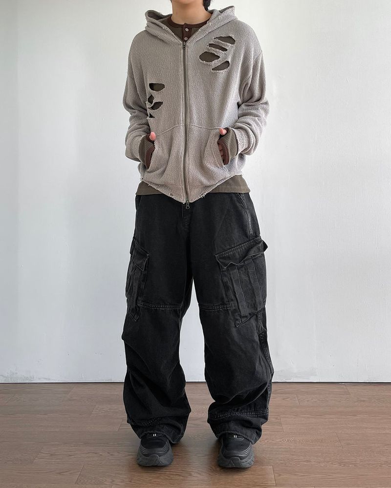 Broken Knit Hooded Zip-Up