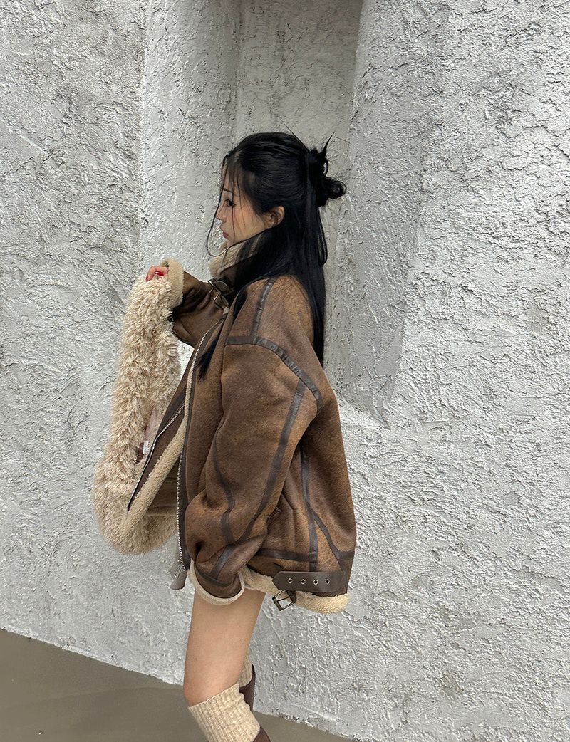 Oversized Fit Leather Wool High-Neck Mustang