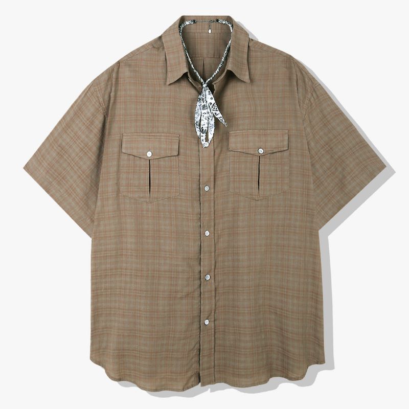 S SY（エスエスワイ）の「[bandana necklace set] washed check linen 2 pocket half shirt brown（Tops）」