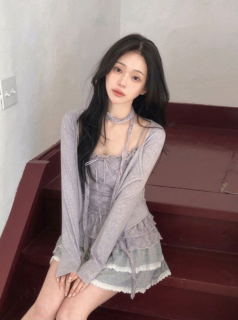 SHOPPERLAND（ショッパーランド）の「BN Check Frill Bustier + Cardigan + Tie Set (3color)（Tops）」