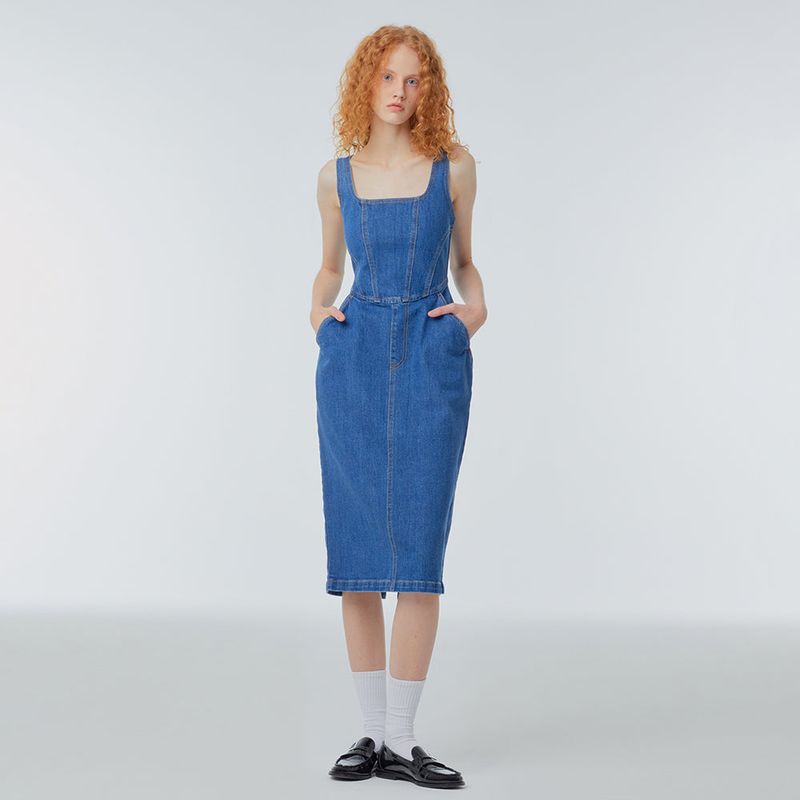 Square-neck denim corset dress