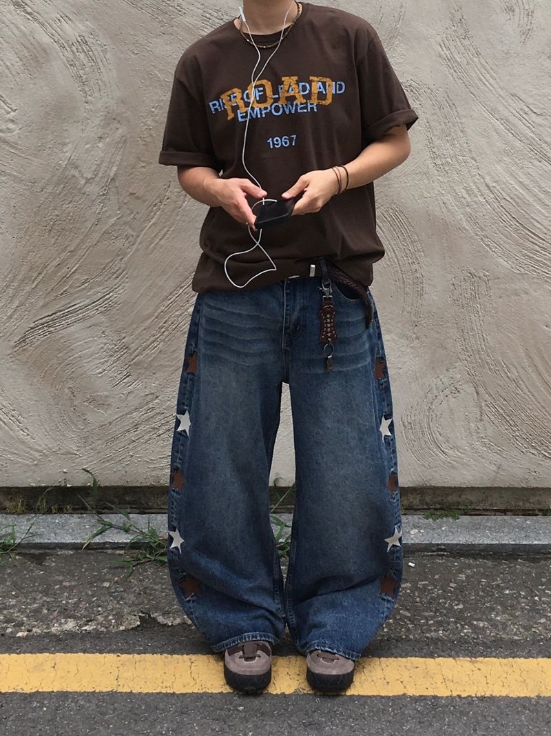 Star embroidered denim pants (middle blue)