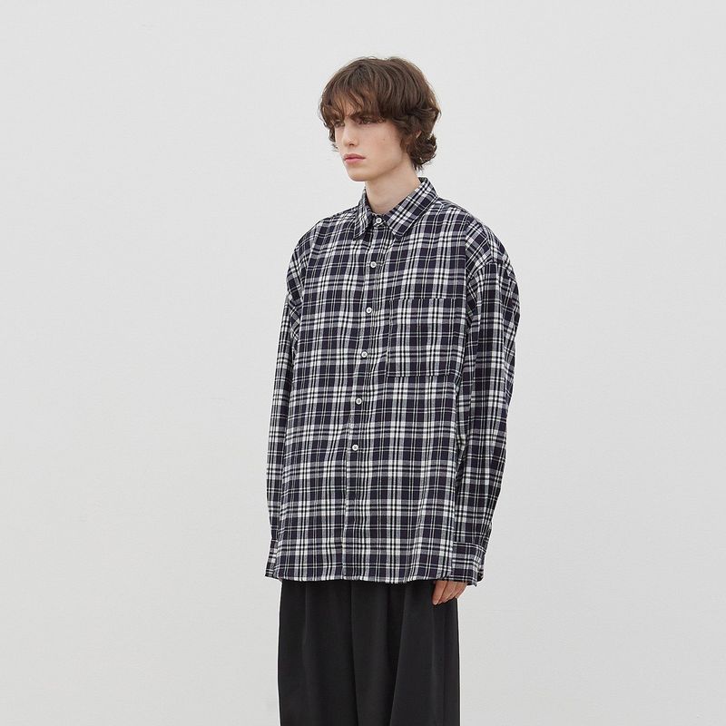Wide Check Overfit Shirt (Navy)