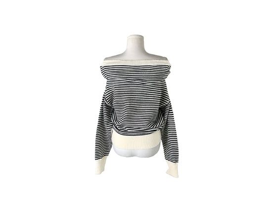 Boudin Stripe Loose Off-Shoulder Button Knit