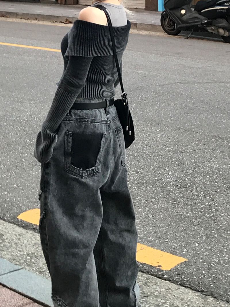 Unique cutting line grunge wide denim pants