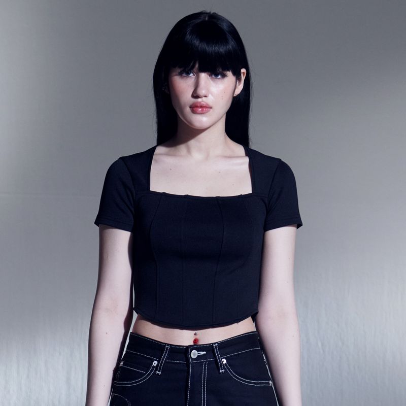 PINTUCK SQUARE NECK T-SHIRTS (BK)
