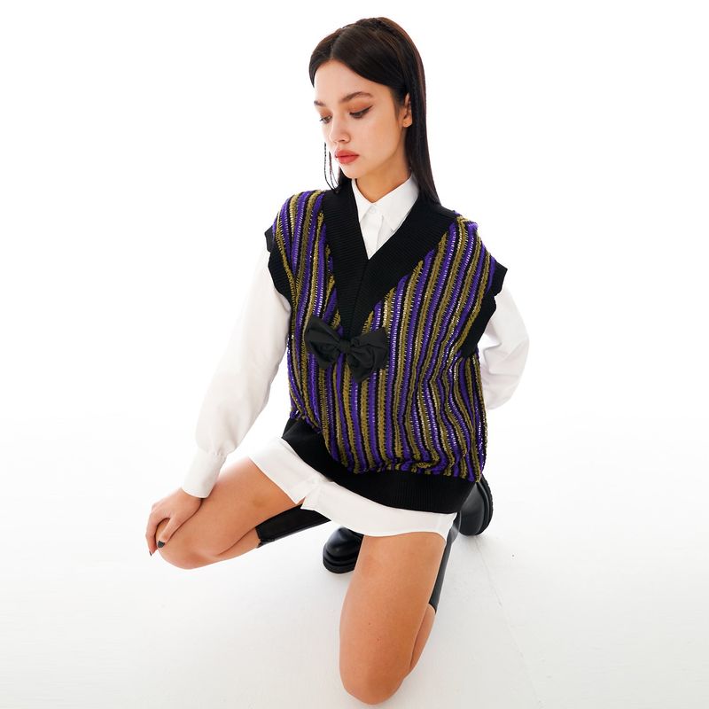 Cutting Point Knit Vest [Ribbon_Purple]