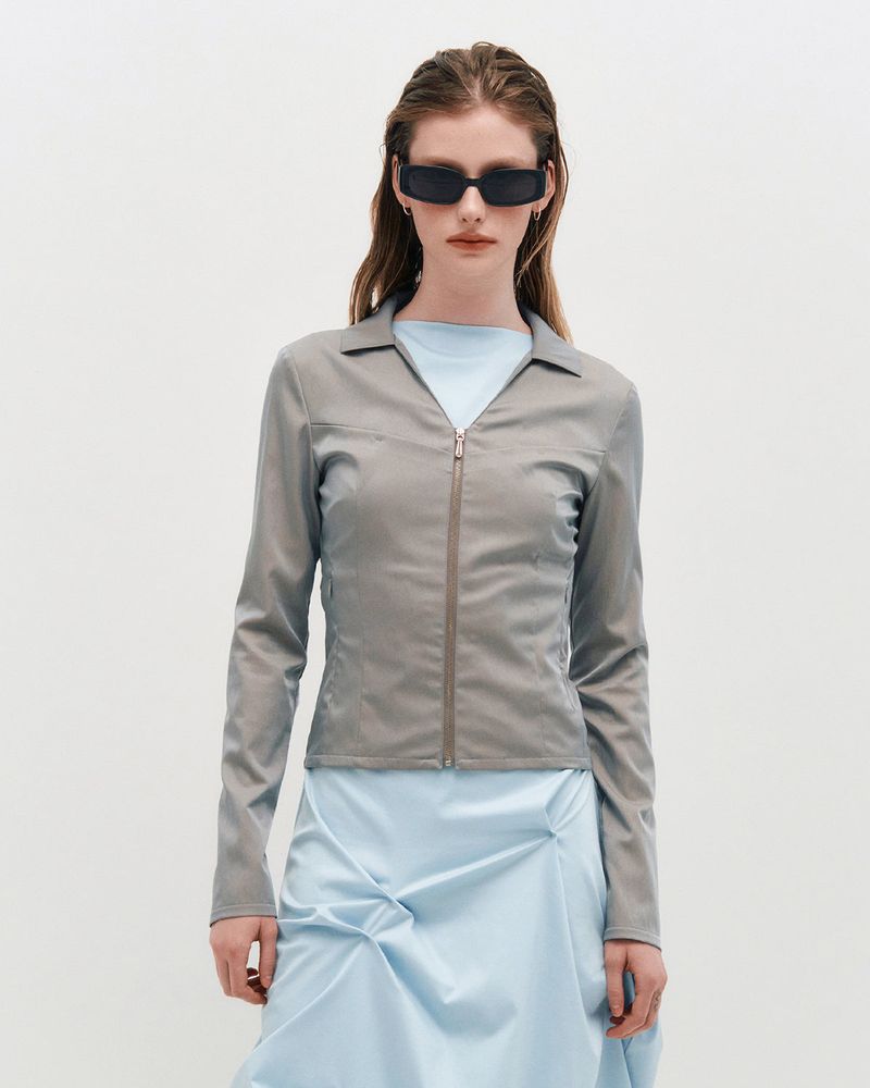 KIMZISU（キムジス）の「V-Neck Sleek Zip-Up _ GREY（Jackets/Outerwear）」