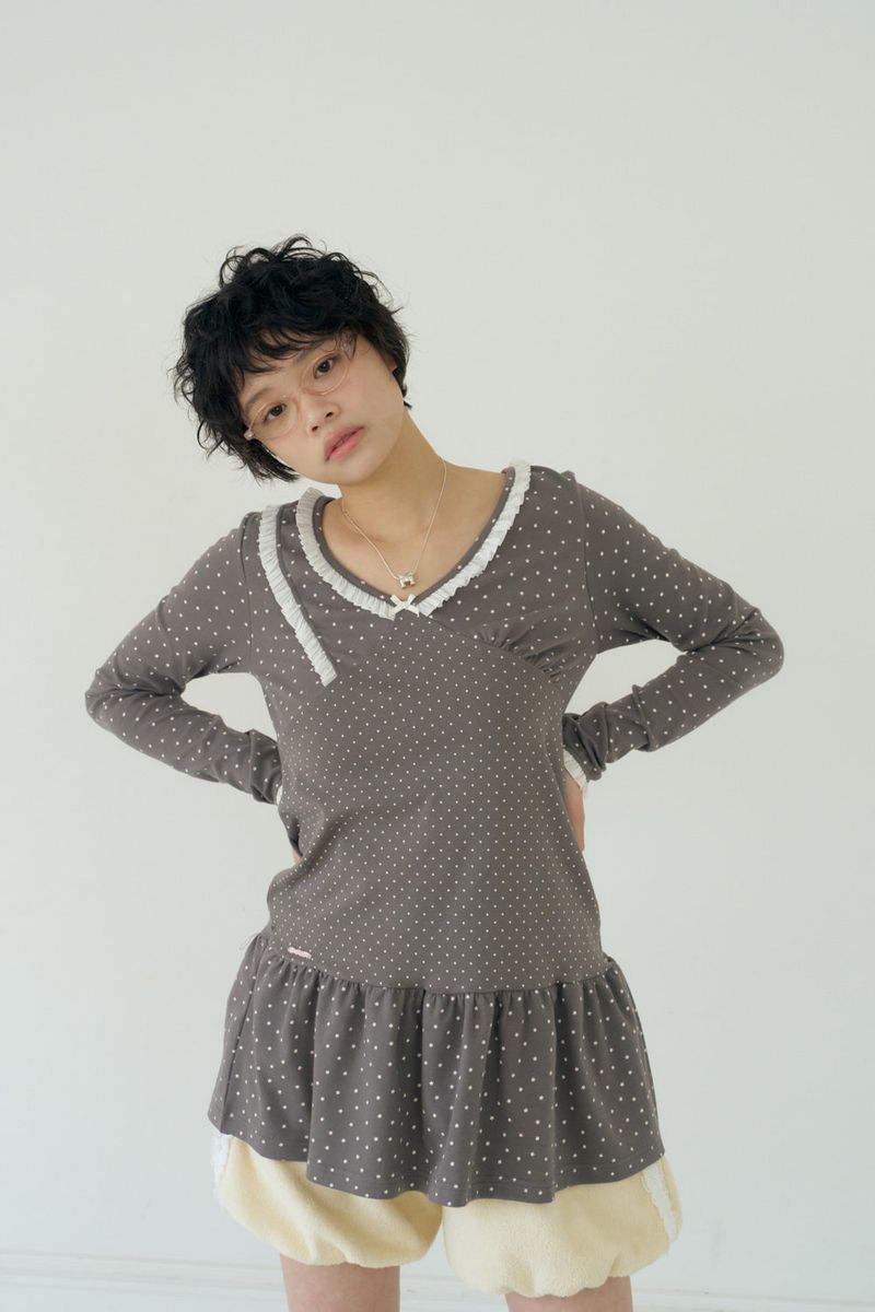 STARRY LACE SHIRRING DRESS (CHACOAL)
