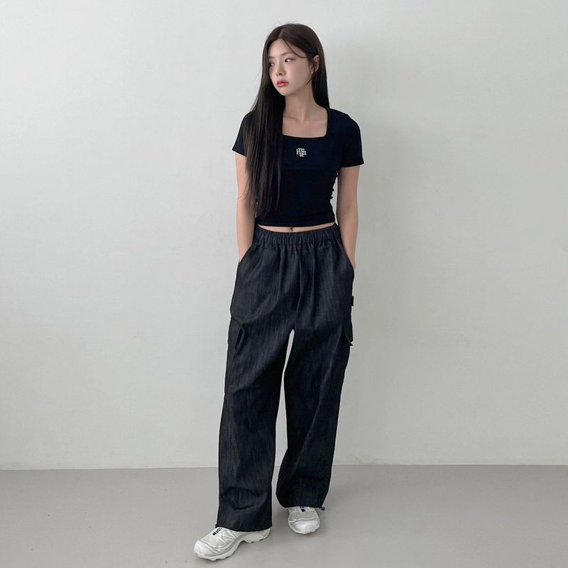 WIDE CARGO DENIM PANTS [BLACK]