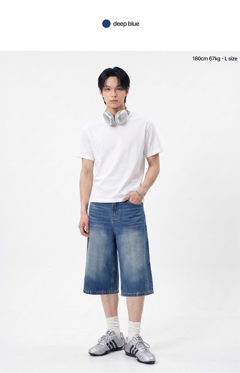 basic washing bermuda denim pants (deep blue)