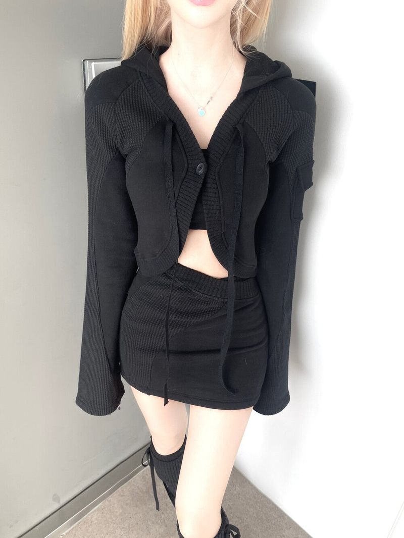 1236. Patchwork cargo crop hood cardi (3color)