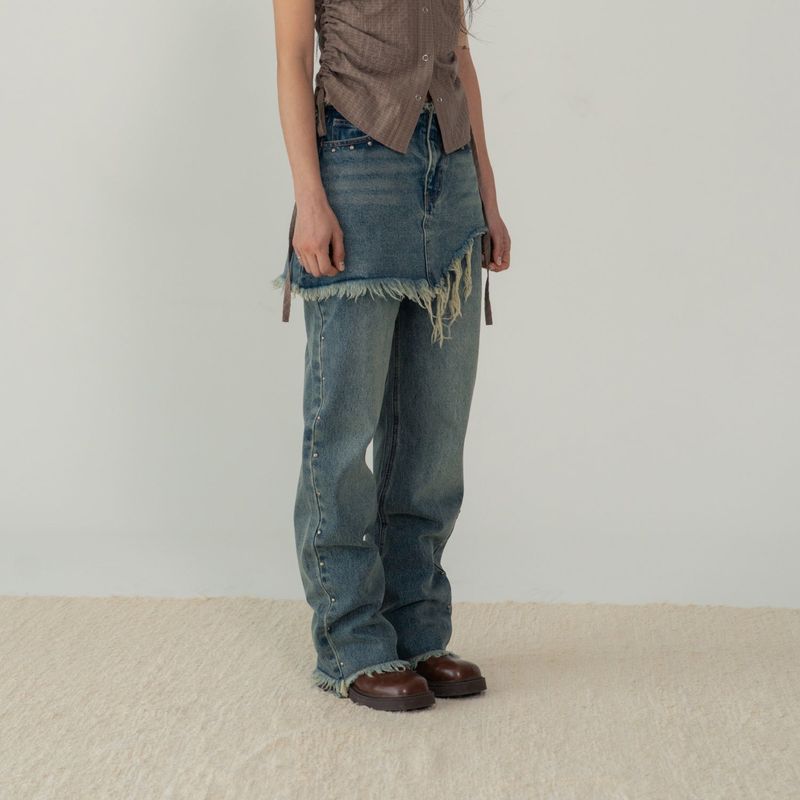 STUD DENIM SKIRT LAYERED PANTS (BLUE)