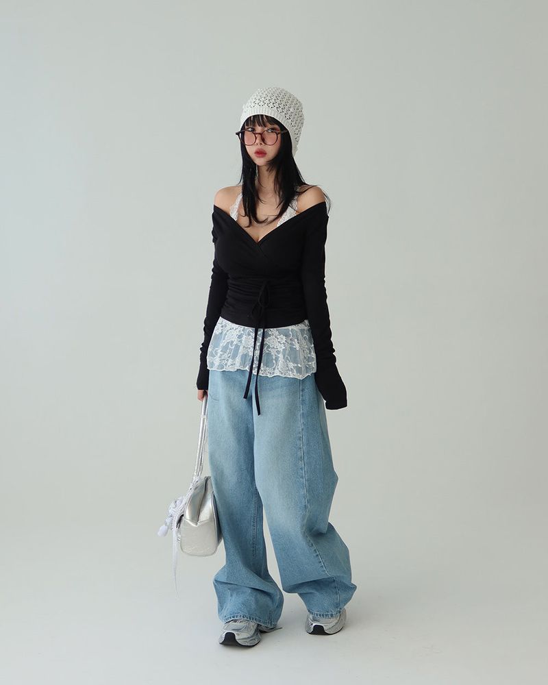 Deep V-neck Off-Shoulder Wrapped Shirring T-shirt