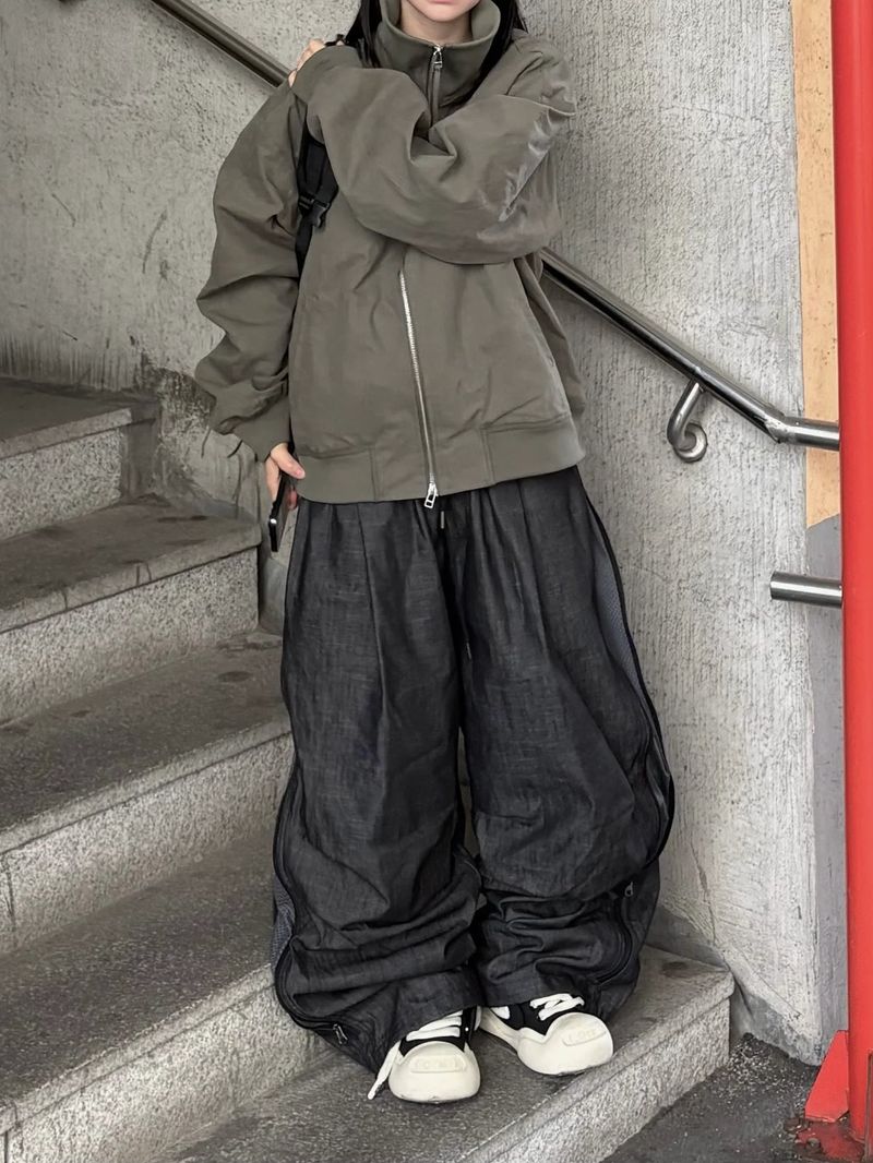denim two-way zipper balloon pants