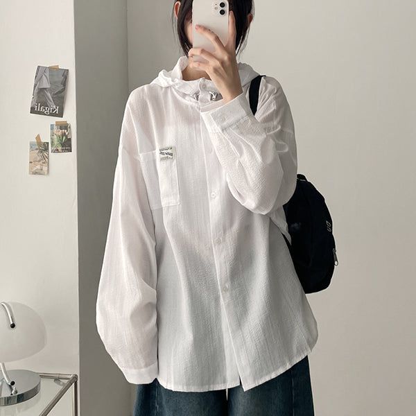 Striped Pocket Patch Boxy Fit Hooded Shirt