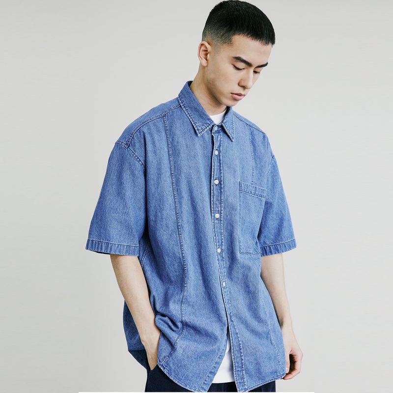 FRONT SEAM WASHED DENIM SHIRT LIGHTBLUE